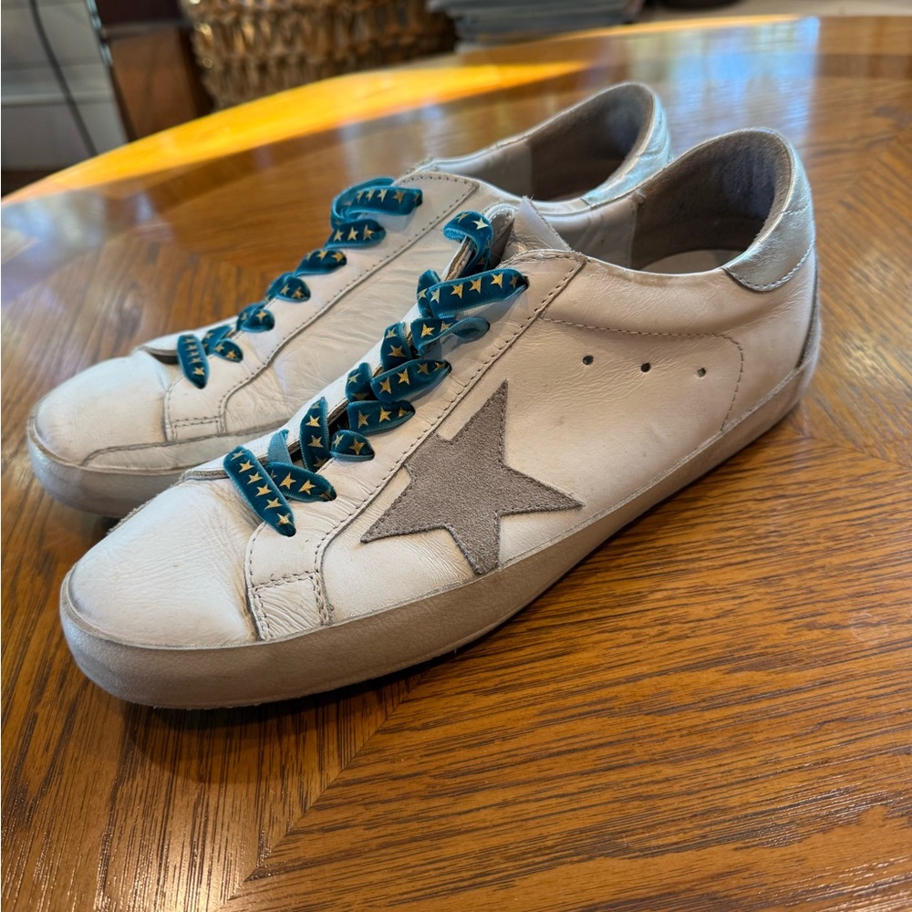 Golden Goose White Sneakers with Silver Star and Blue Laces - Picture 2 of 6